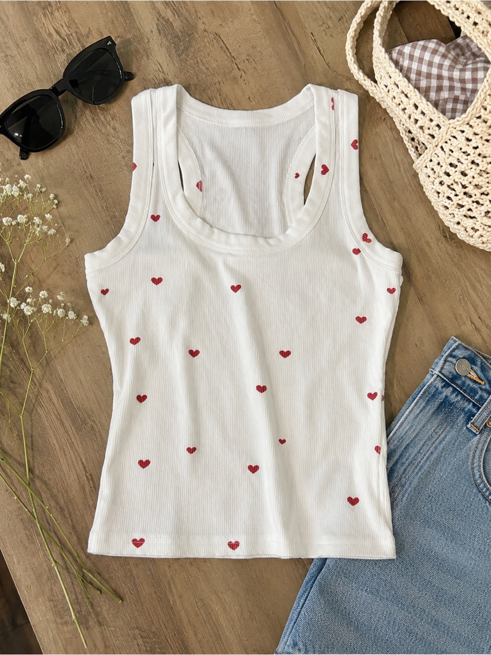CHICME White Ribbed Heart Print Tank Top Size Small Y2K Coquette
